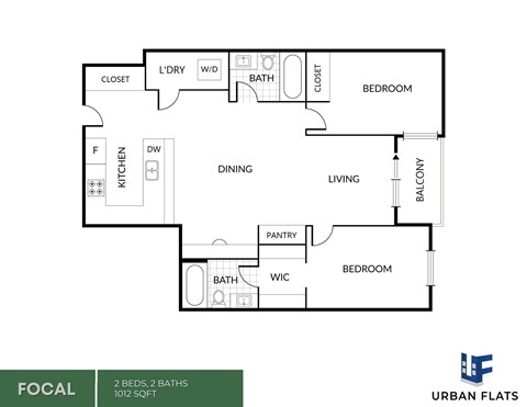 Floor plan for 2 beds, 2 baths, 1012 sqft